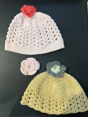 Handmade Crochet Beanie Set - Pink and Tan Interchangeable Flower Toppers